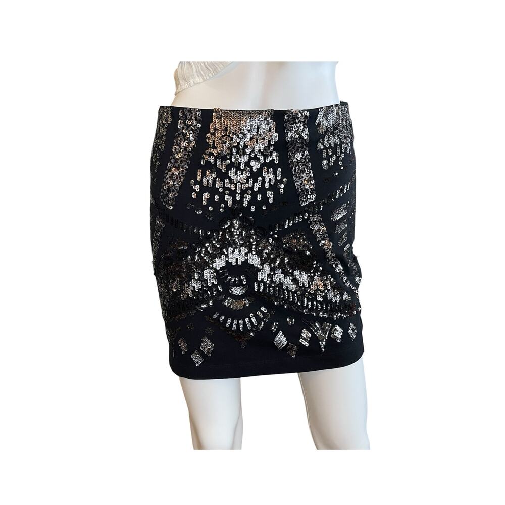 Express Black Silver Sequin Embellished Stretch Mini Skirt Small